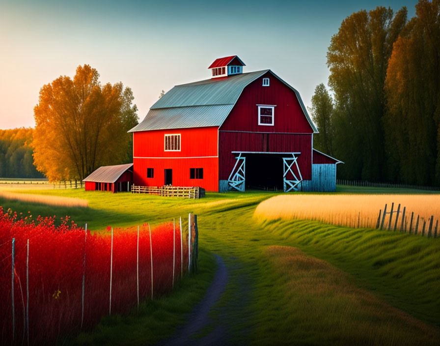 Red Barn with White Trim in Lush Fields and Golden Hour Light