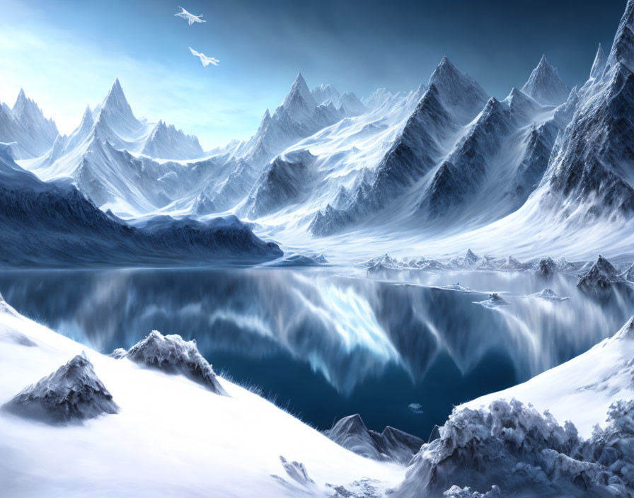 Snowy Mountain Landscape with Reflecting Lake and Blue Sky