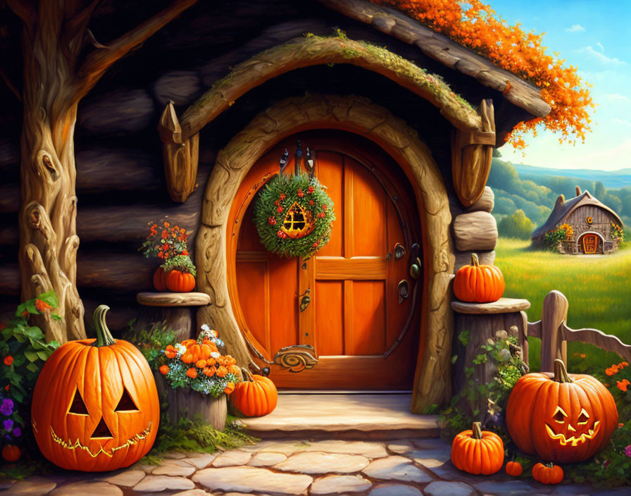 Autumn-themed cottage door with wreath, pumpkins, and foliage