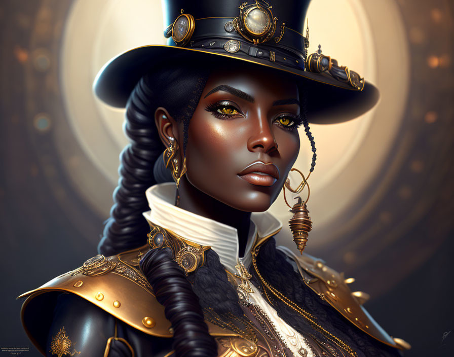 Dark-skinned woman in steampunk attire with top hat and brass goggles