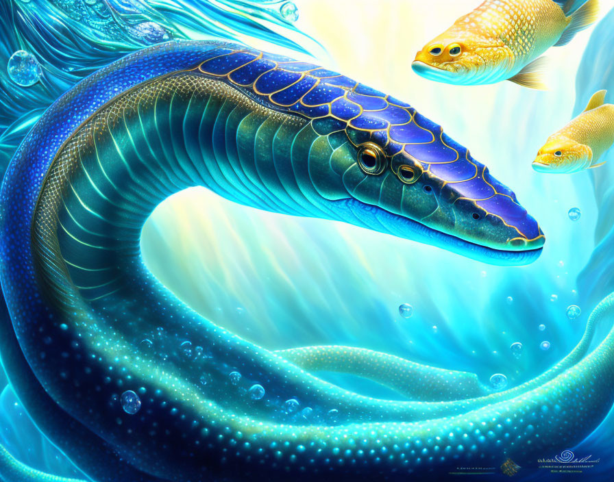 Fantastical blue sea serpent in vibrant digital artwork