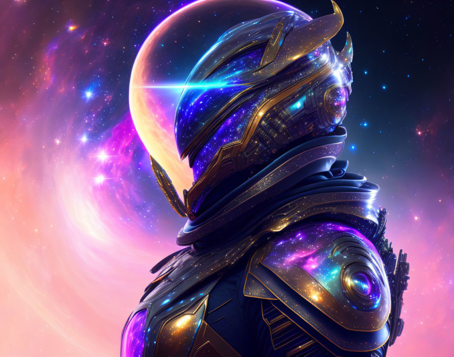 Futuristic warrior in cosmic armor with reflective helmet visor