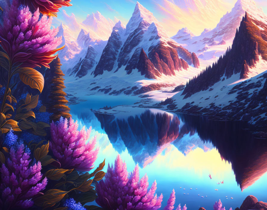 Tranquil digital painting of purple-flowered lakeside with snow-capped mountains reflection