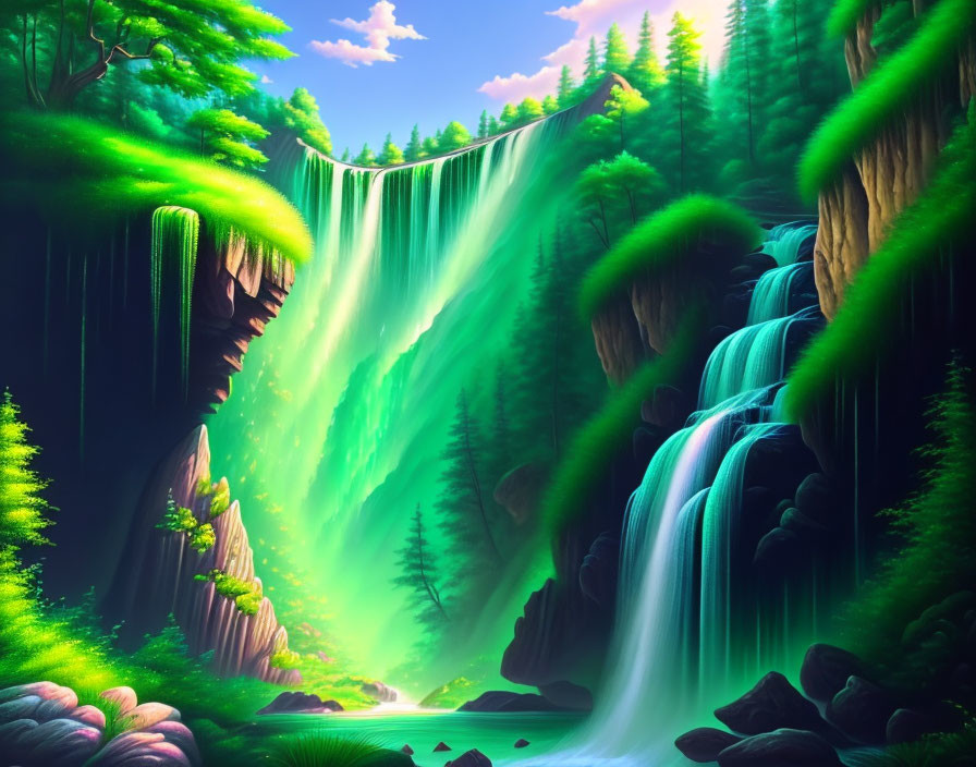 Lush Fantasy Waterfall Landscape with Cascading Water