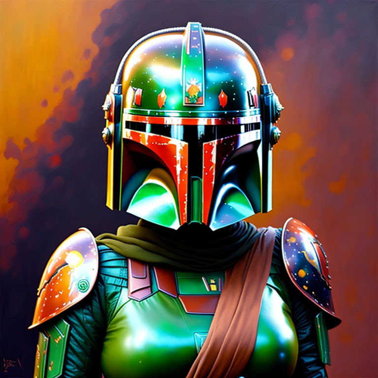 Colorful Helmet with T-Visor & Shoulder Armor on Character Against Fiery Background