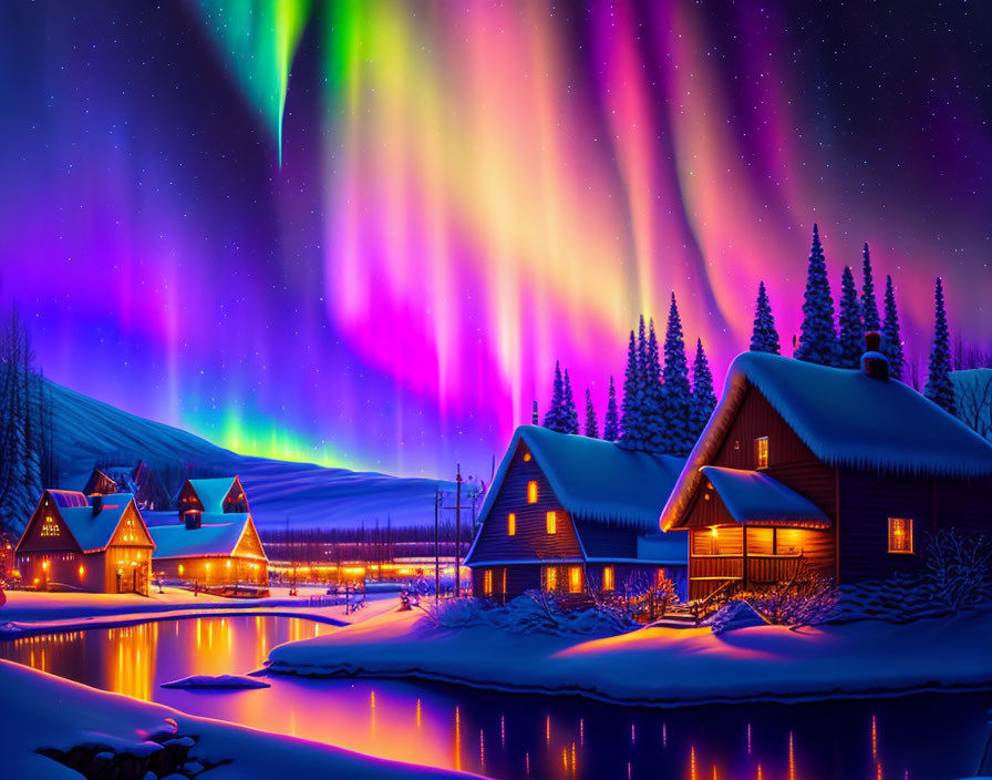 Northern Lights shine over snow-covered cabins by frozen lake