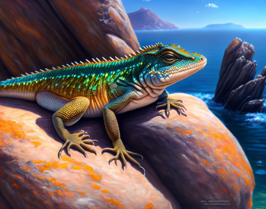 Colorful lizard on sunlit rock by blue ocean & mountains