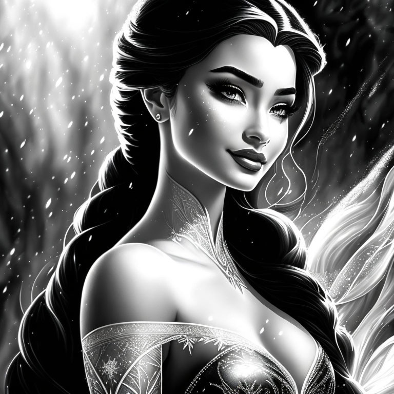 Monochrome illustration of woman with flowing hair in frosty dress against starry backdrop