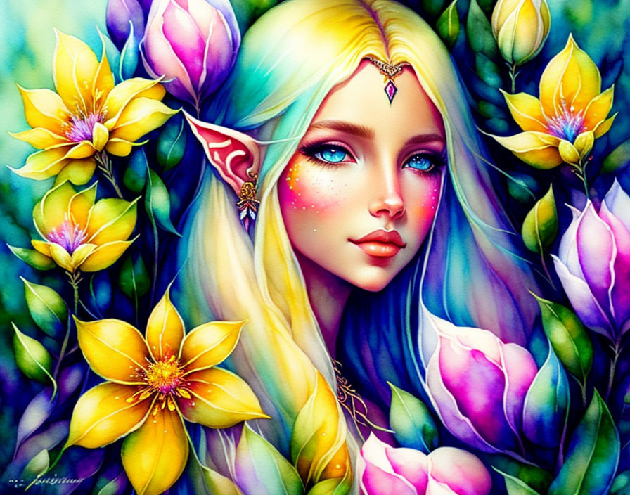 Fantasy elf with sparkling blue eyes among colorful flowers