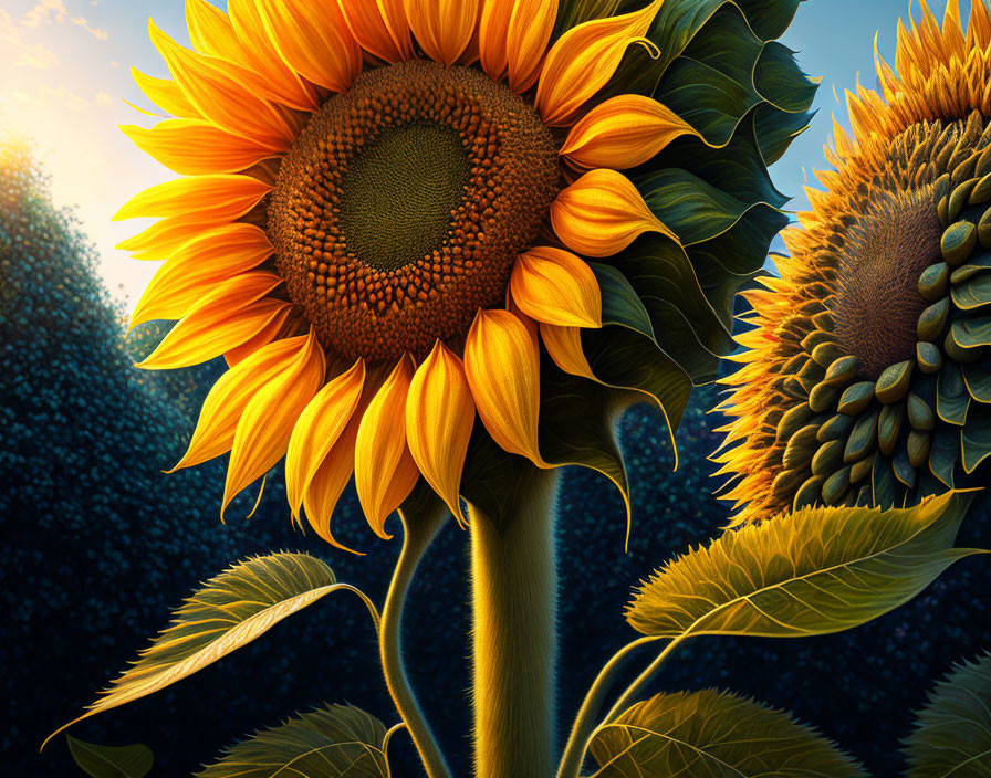 Vibrant sunflowers under blue sky and green foliage