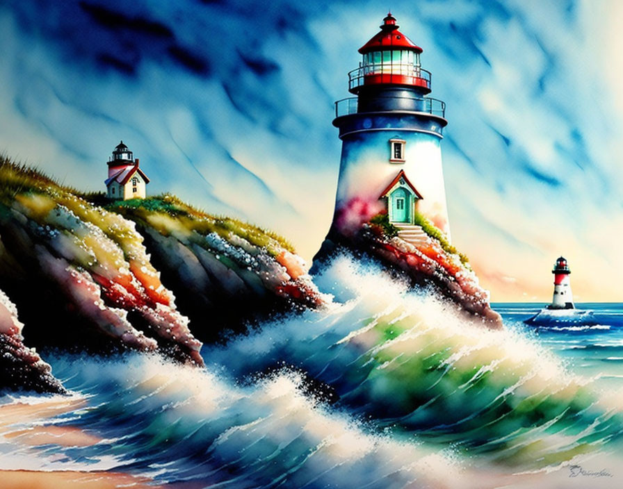 Colorful Coastal Scene with Main Lighthouse and Crashing Waves