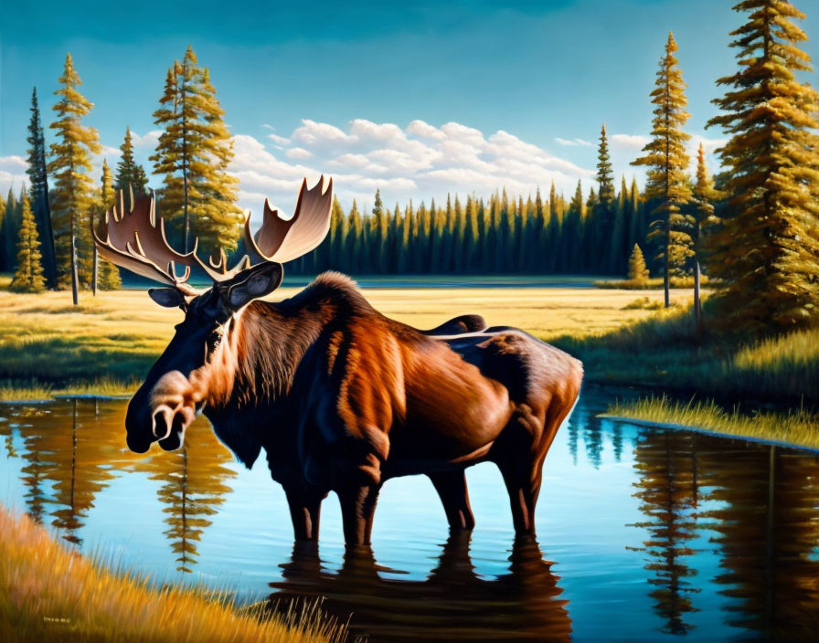 Moose standing in serene lake with pine trees and blue sky