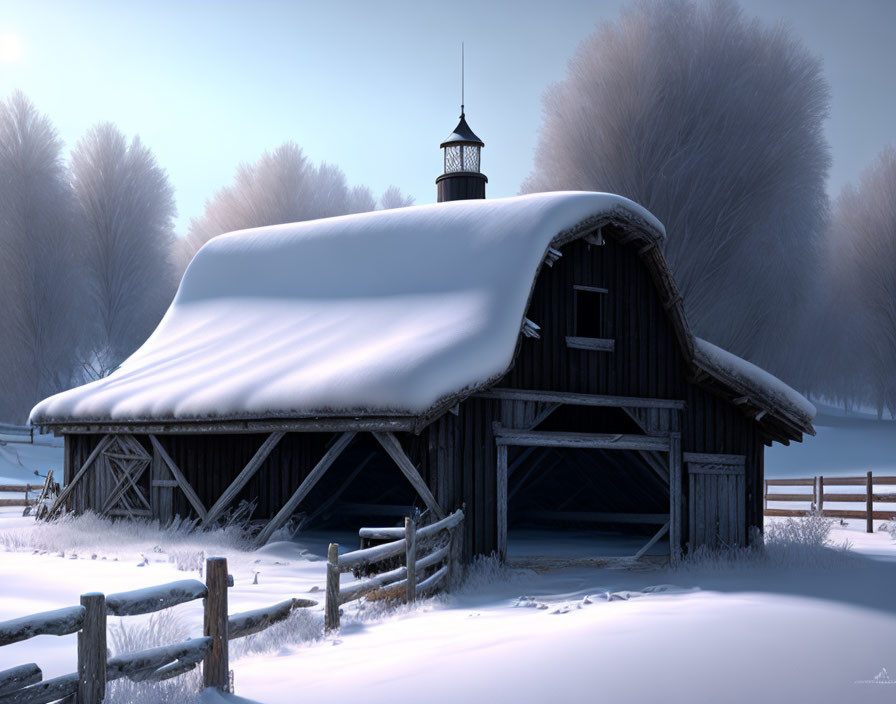 Snow-covered barn with cupola in serene winter landscape.