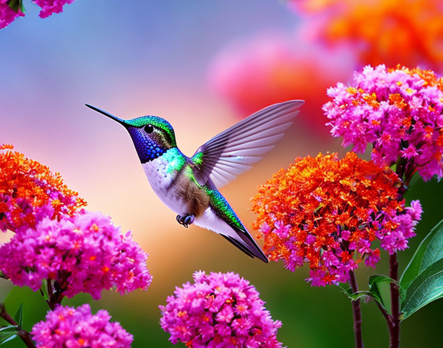 Colorful hummingbird near pink and orange blossoms on blurred background