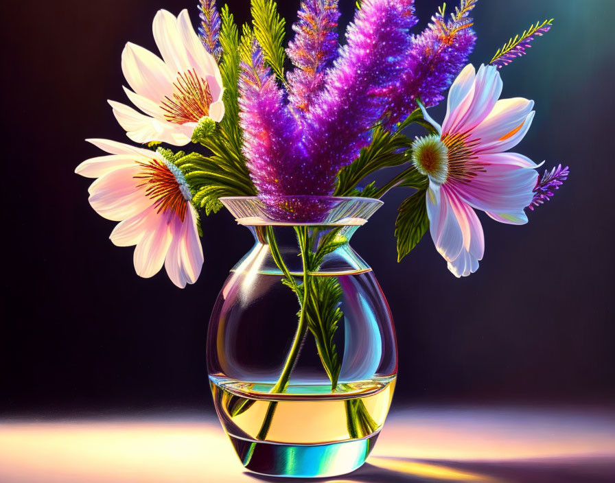 Pink, White, and Purple Flower Bouquet in Glass Vase on Gradient Background