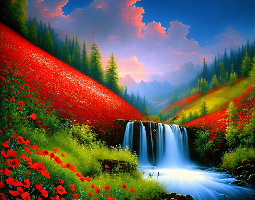 Scenic landscape with waterfall, poppy field, greenery, mountains, sunset sky