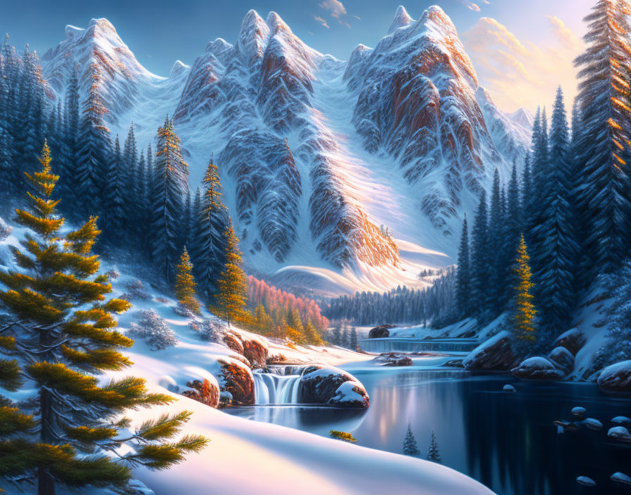 Snow-covered mountains, evergreen trees, calm lake in serene winter landscape