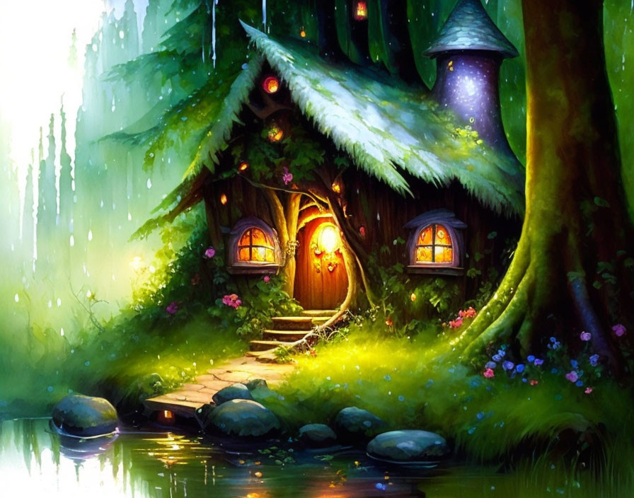 Illustration of fairytale cottage in lush forest with glowing windows