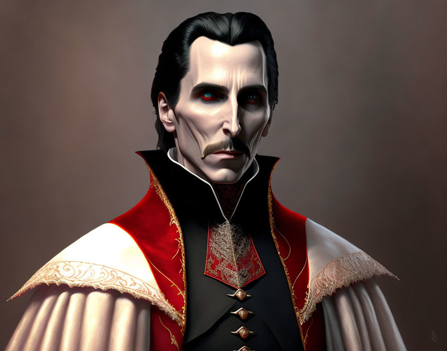 Detailed Illustration of Pale-Skinned Man in Vampire-Like Attire