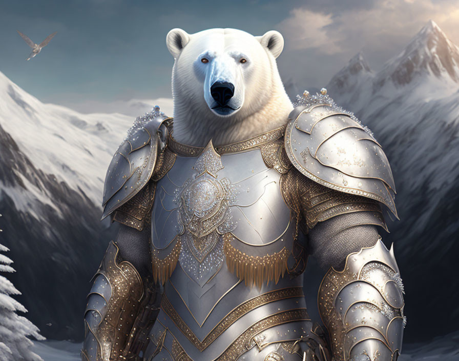 Polar bear in silver armor with bird in snowy landscape