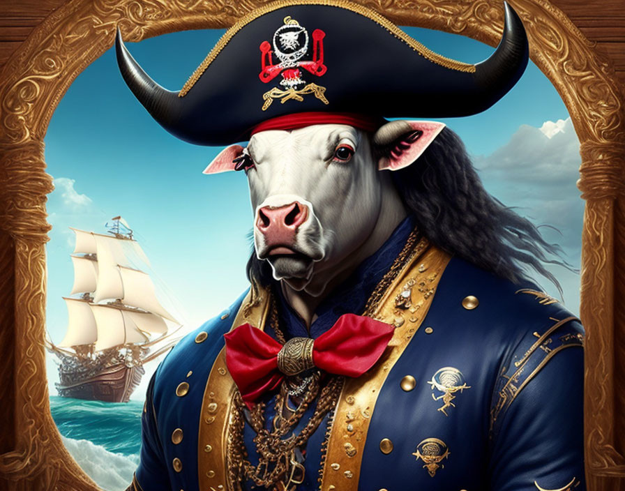 Stylized pirate captain bull illustration in ornate frame