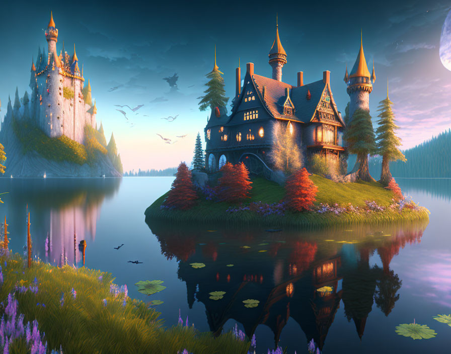 Fantasy landscape featuring castle, manor, birds, water, and moon