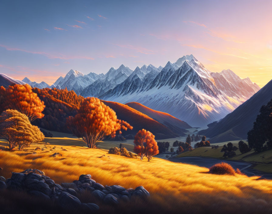 Vibrant autumn sunset landscape with snowy mountains