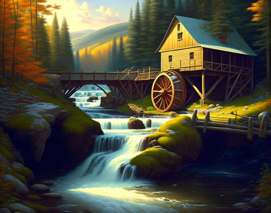 Tranquil autumn landscape with watermill, waterfall, and fall foliage