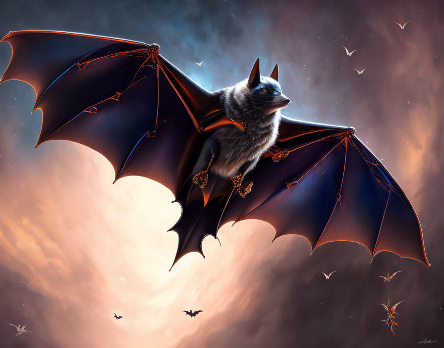 Bat with outstretched wings against dramatic sky with other bats