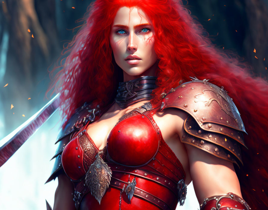 Female warrior in red armor with blue eyes and red hair holding a sword in ember-lit scene