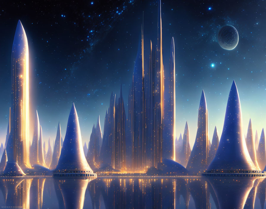 Nighttime futuristic cityscape with illuminated spires and starlit sky.