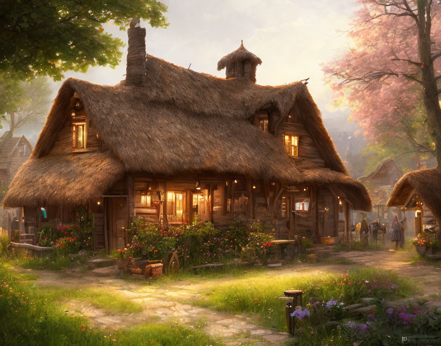 Thatched Cottage in Serene Village with Lush Gardens at Dusk