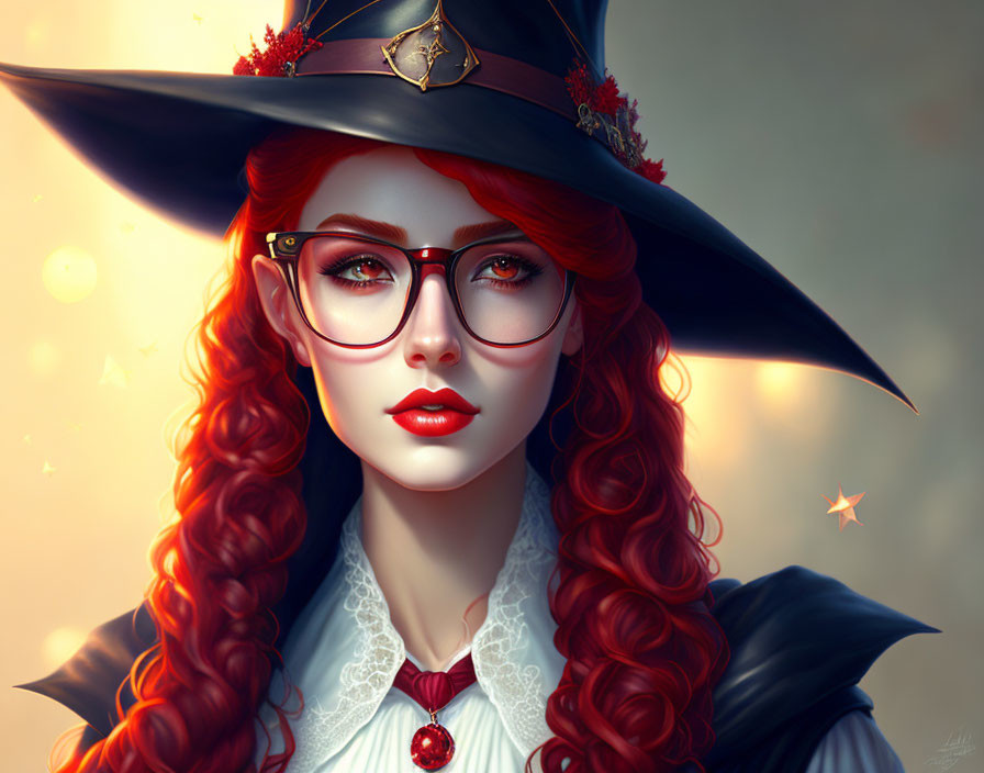 Vibrant red-haired woman with ruby glasses and star-adorned hat