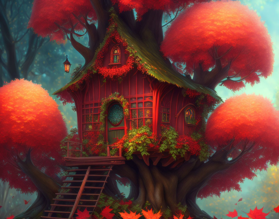 Vibrant autumn forest treehouse with red leaves and glowing windows