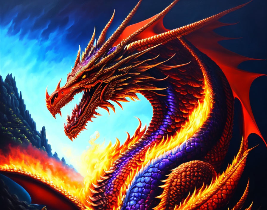 Detailed Dragon Illustration with Red and Orange Scales and Mountain Backdrop