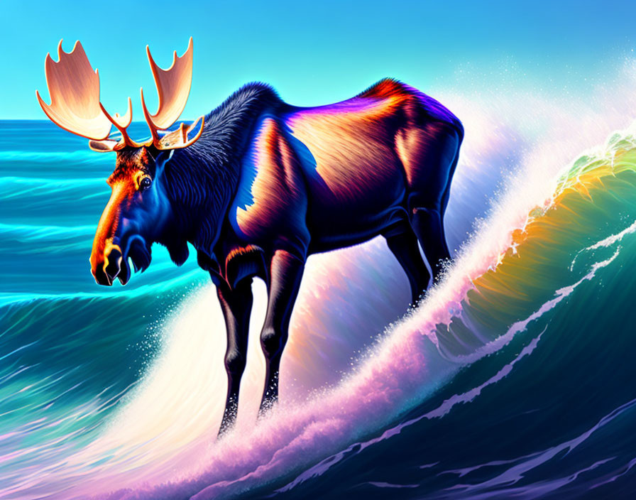 Stylized moose with large antlers surfing vibrant blue wave