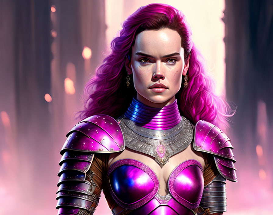 Futuristic digital artwork: Woman with purple hair in armor, pink misty forest.