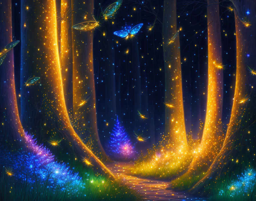 Enchanting night scene with glowing forest path and fireflies