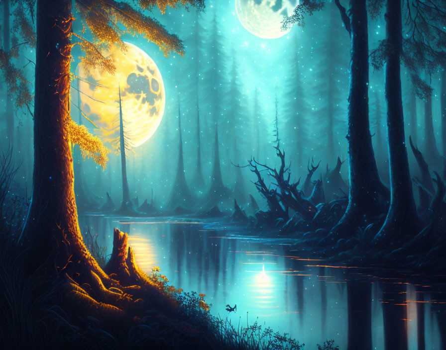 Mystical forest at night with large moon, calm lake, and glowing blue trees