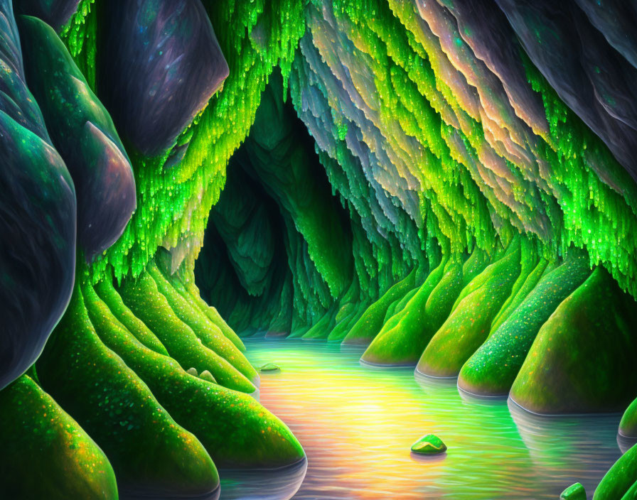 Fantastical cave with green moss and glowing waterway