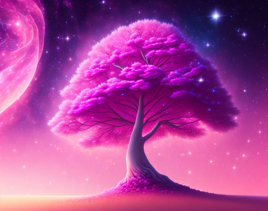 Colorful fantasy landscape with pink tree, purple planet, and moon