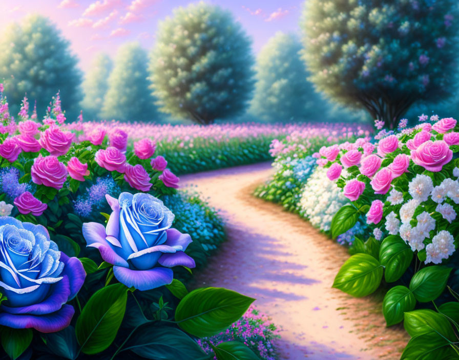 Colorful Path with Oversized Pink and Blue Roses in Lush Garden