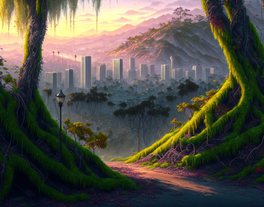 Sunrise over futuristic cityscape with skyscrapers and lush trees.