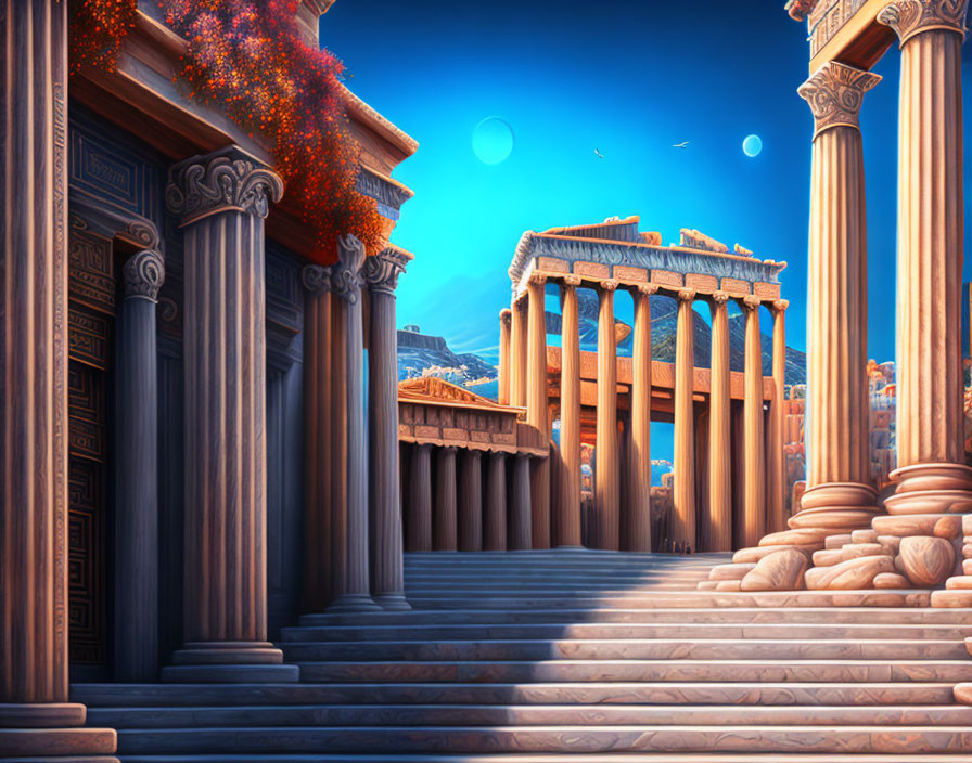 Ancient Greco-Roman cityscape with twin moons, towering columns, and temple steps