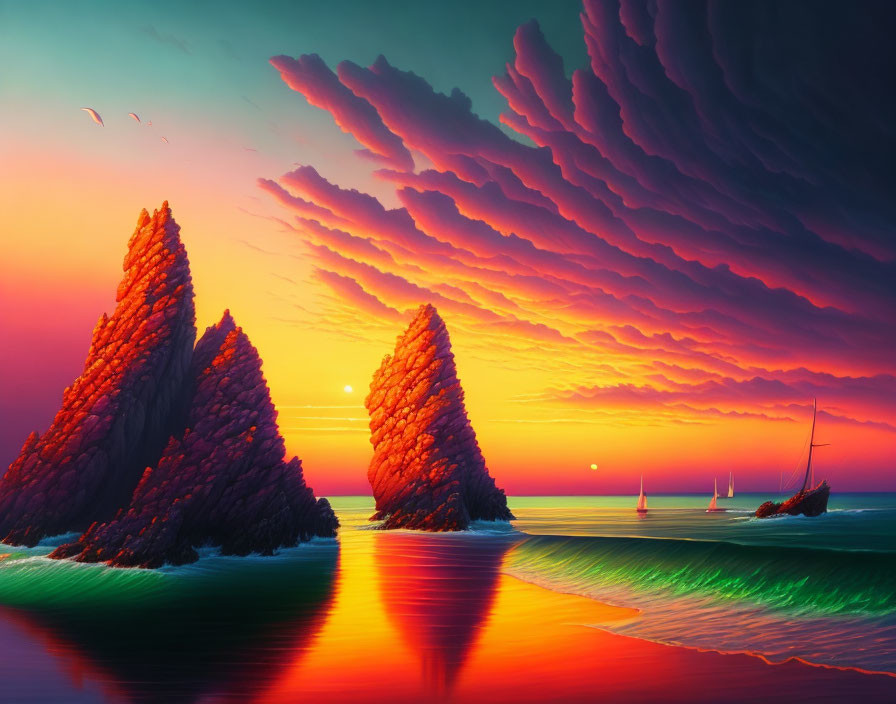 Scenic sunset over sea with orange hues, sailing boats, and dramatic rock formations.