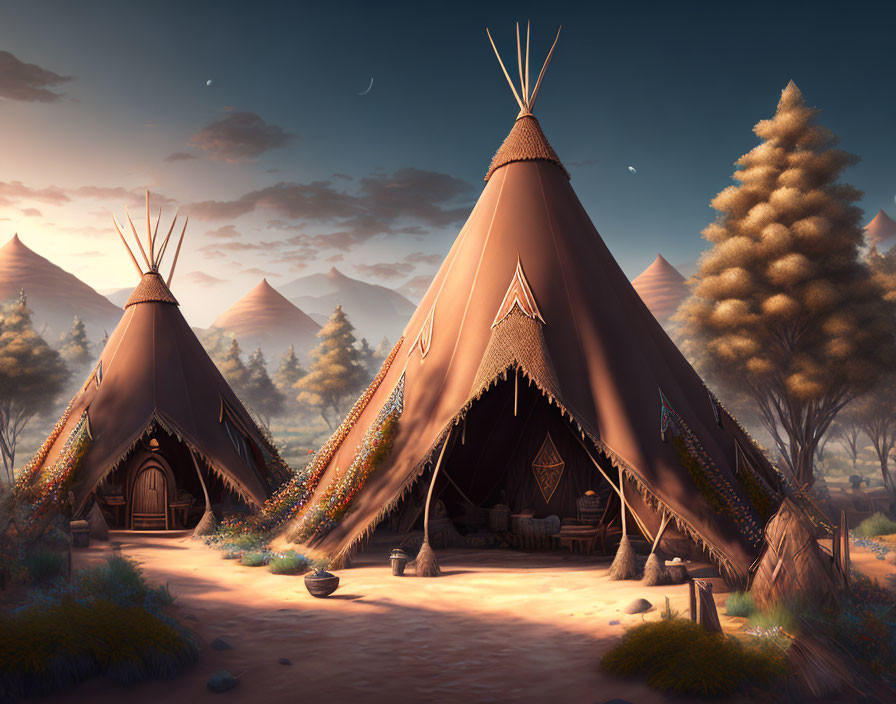 Detailed Teepees in Tranquil Native Settlement at Dusky Landscape