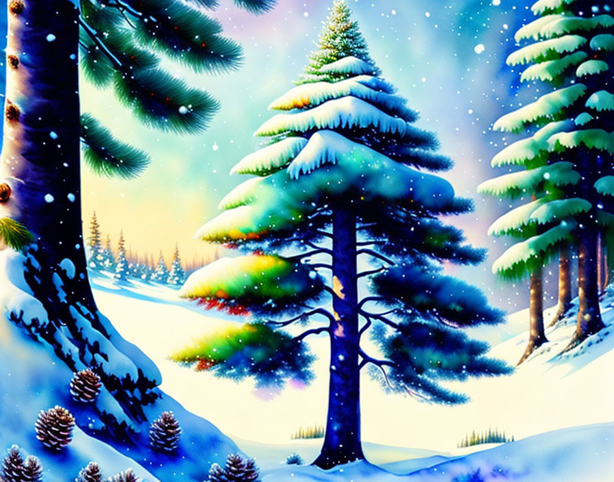 Snowy Landscape Painting with Evergreen Trees and Colorful Sky