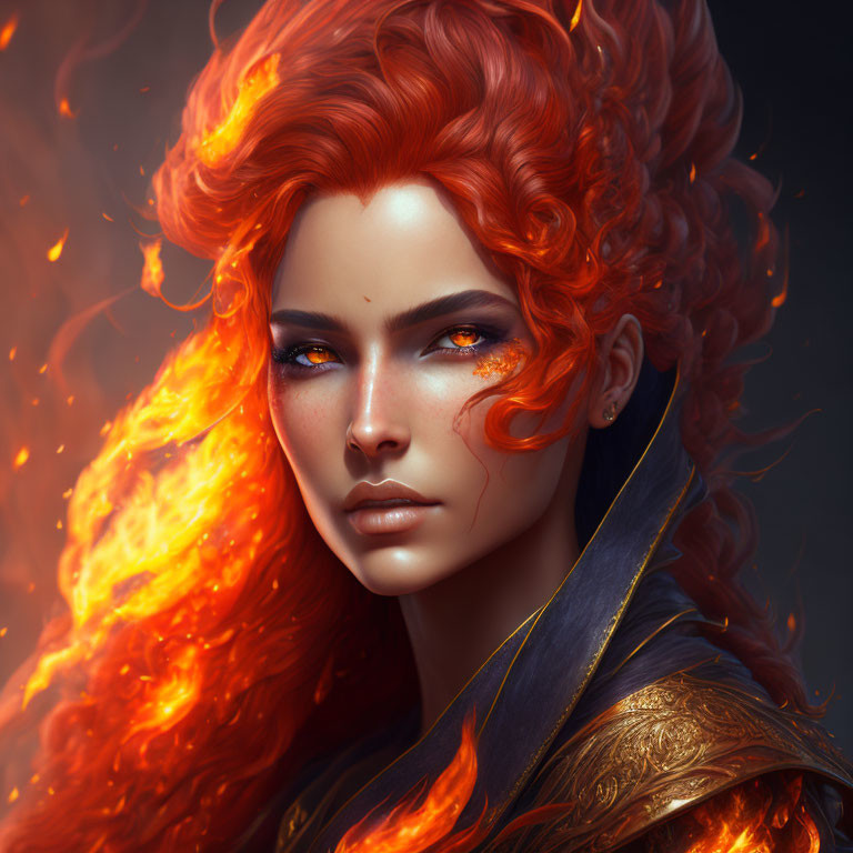 Fiery red-haired woman in golden armor against dark backdrop