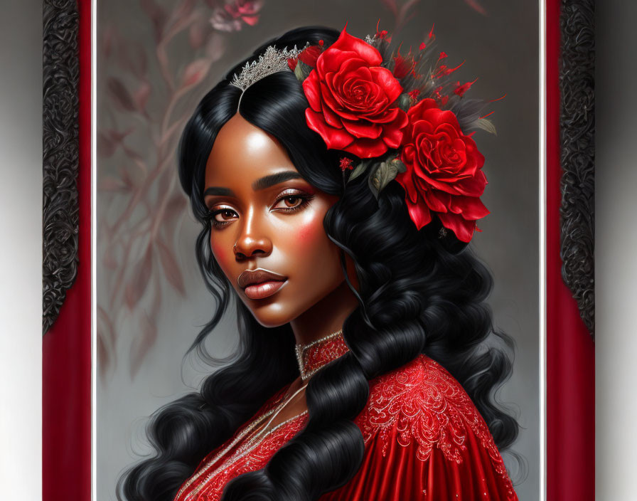 Illustrated portrait of woman with tiara and red roses in hair, wearing intricate red gown