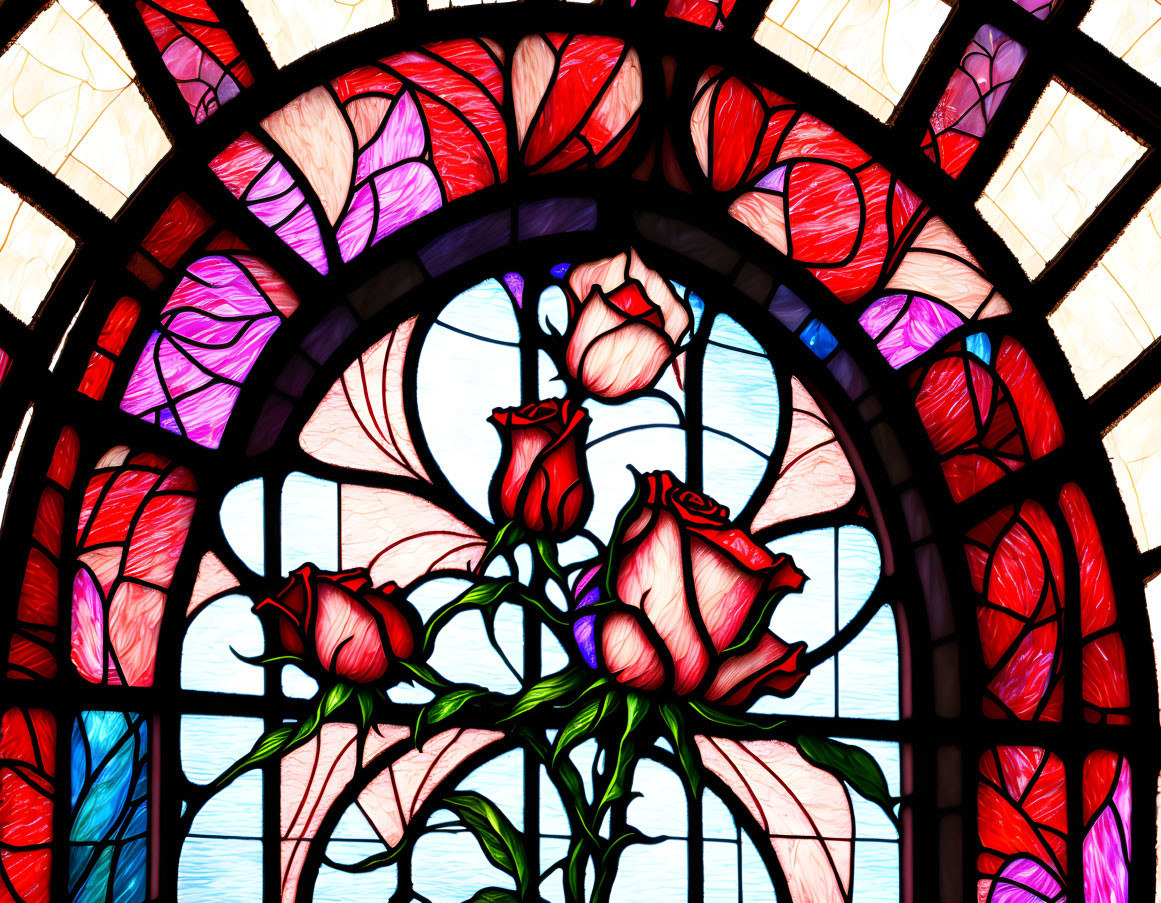 Colorful stained glass window with red roses in gothic arch design